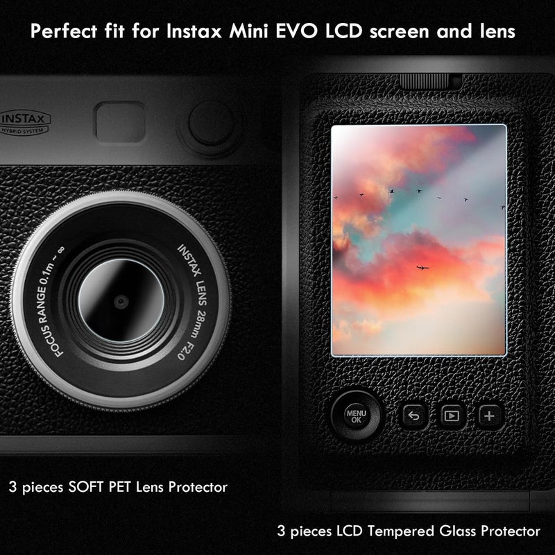 Rieibi [3+3عبوة] واقي شاشة لكاميرا فوجي فيلم إنستكس ميني إيفو + عدسة فيلم PET، 0.25مم صلابة 9H زجاج مقسى - Image 2